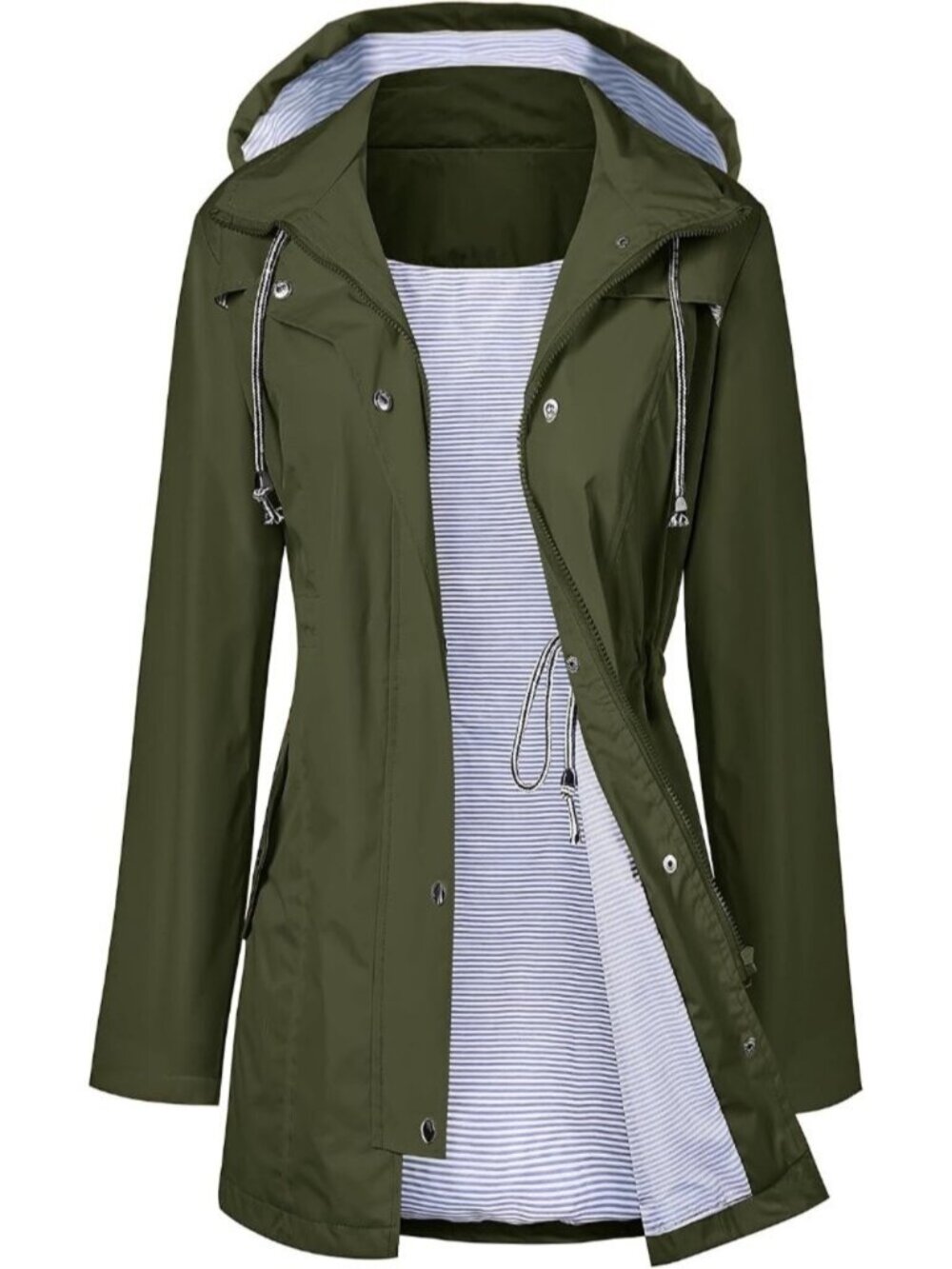 Women Green Hooded Waterproof Adjustable Drawstring Windbreaker Trench Rain Coat